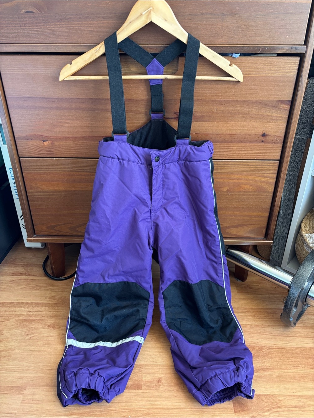 H&M Purple Kids Snow Pants with Black Knee Panels and Black Suspenders